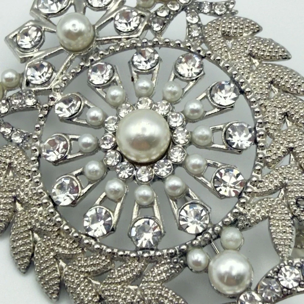 Vintage Style Rhinestone Faux Pearl Dangle Brooch Silver Tone Large 3.5